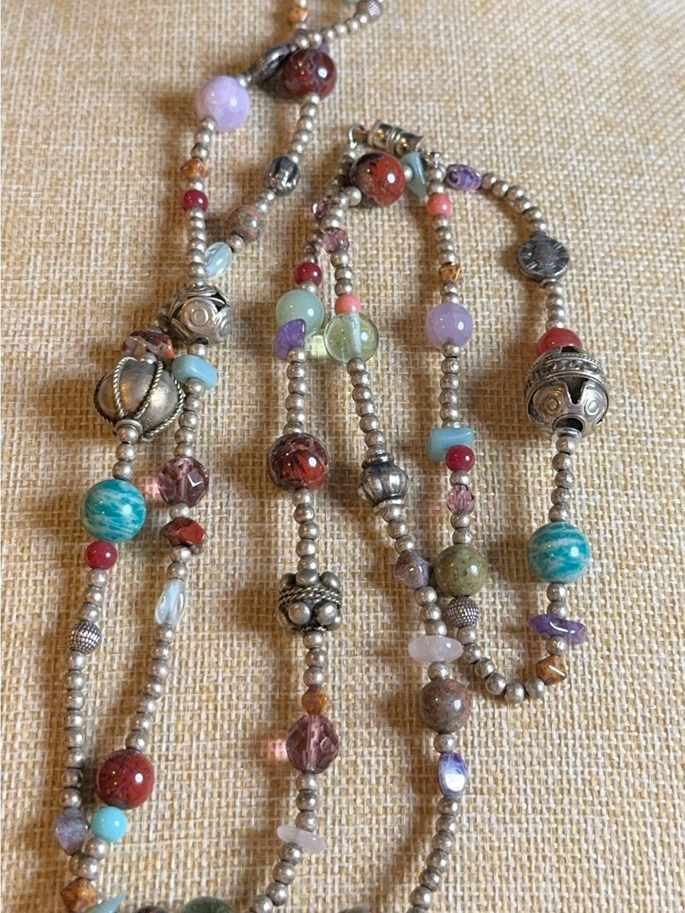 Boho 42" Multi Gemstone Bead Necklace Silver Tone Long Layering Strand